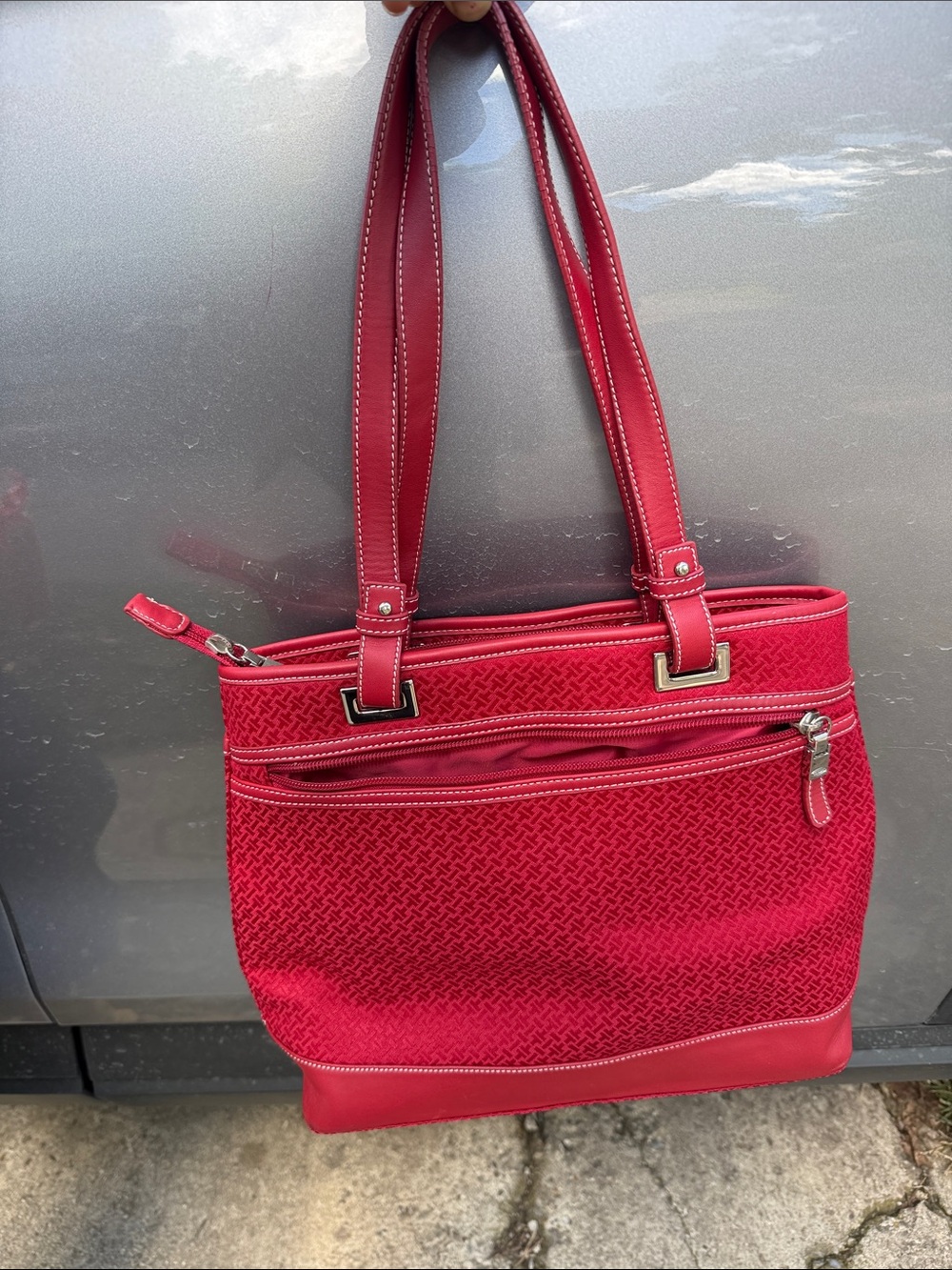 Classic Red Shoulder Tote Bag with Front Zip Pocket